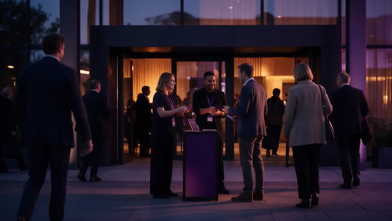 Event staff welcoming guests at a venue entrance