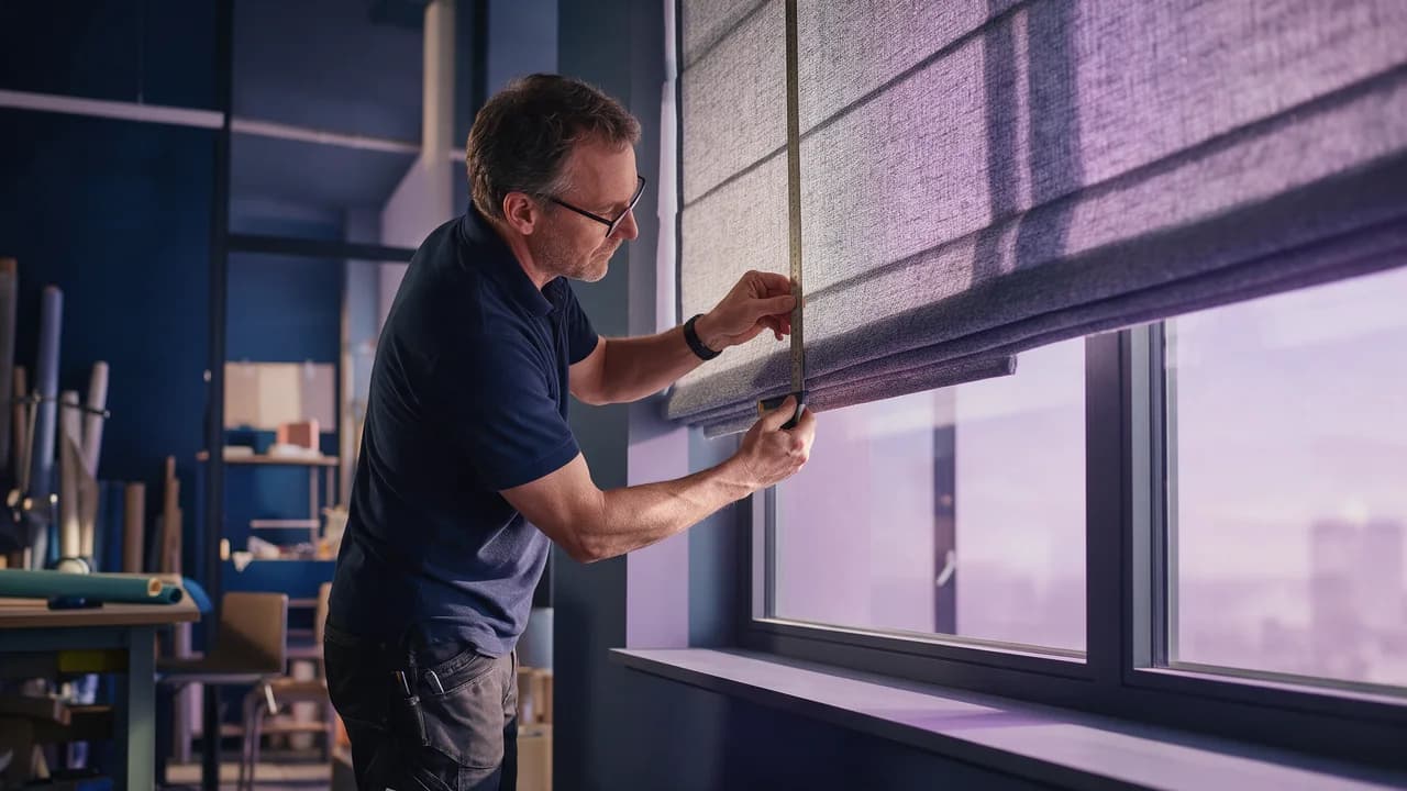 A worker adjusting a window covering