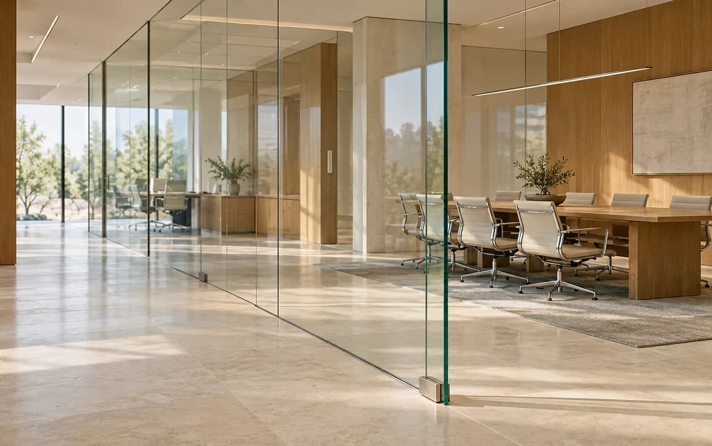 Architectural concept of clear glass partitions with visible panel edges and detailed connections.