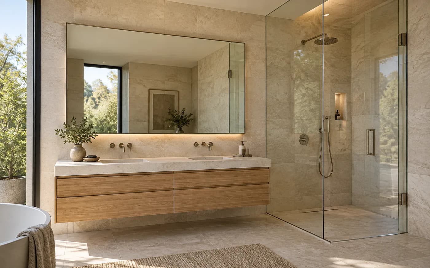 Architectural concept of a contemporary bathroom with a large mirror and frameless glass shower enclosure.