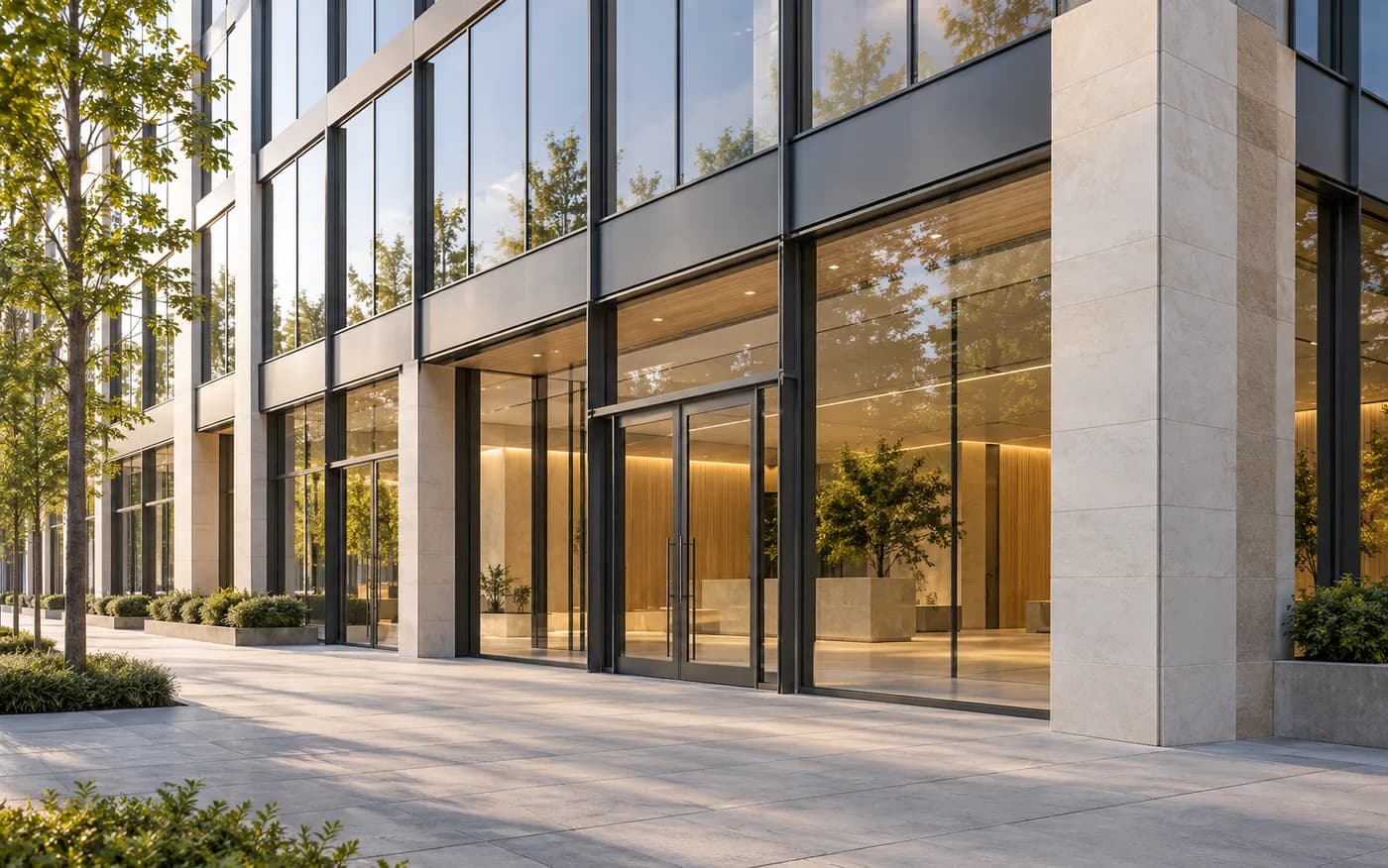 Architectural concept of a commercial storefront and curtain wall facade with glazed panels and framing.