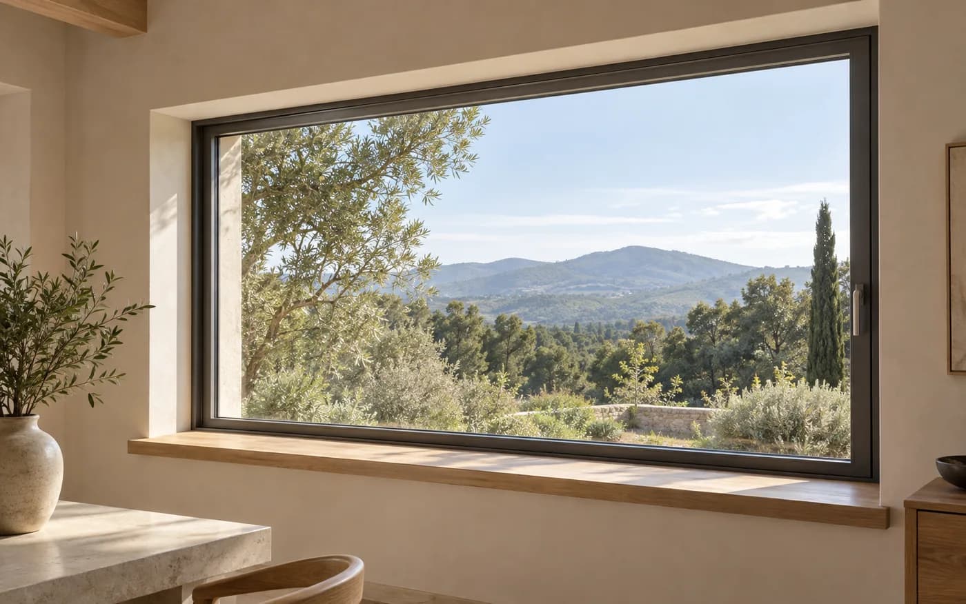 Architectural concept showing a contemporary aluminum-framed window assembly and its surrounding wall.