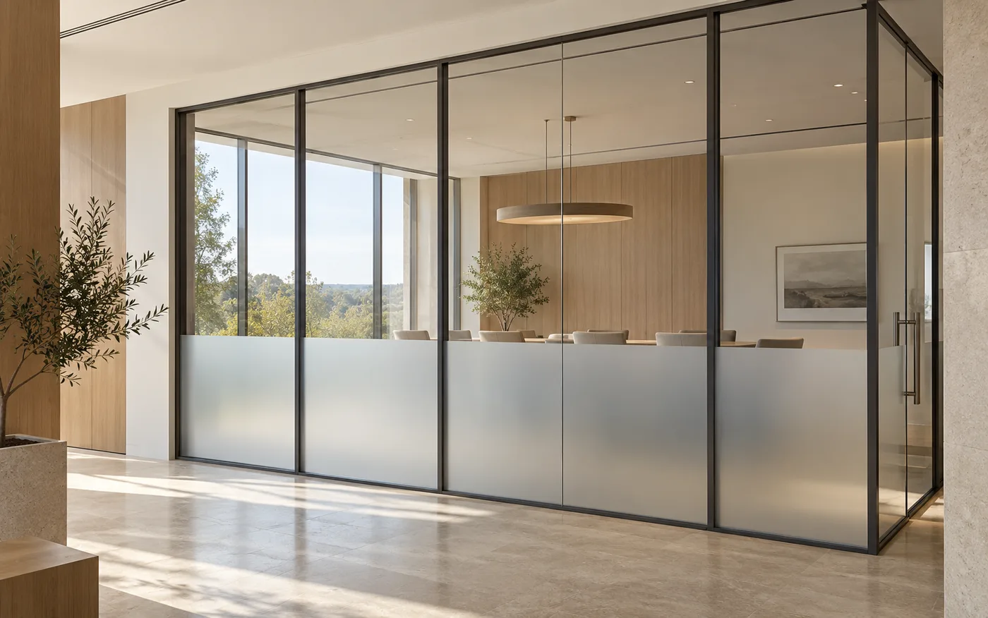 Architectural concept of office glazing with frosted privacy film on the lower panels and clear glass above.